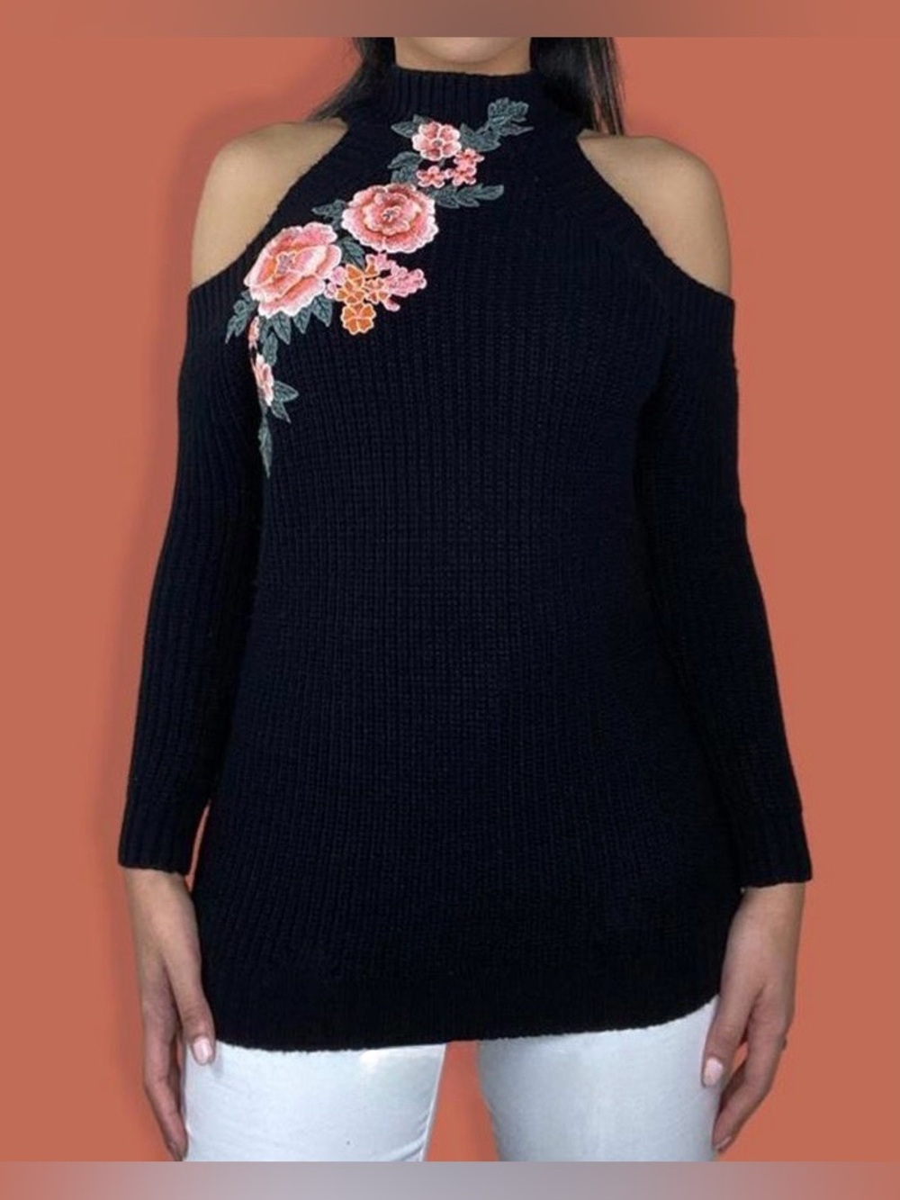 Charlotte Russe Cold-Shoulder Sweater with Floral Embroidery